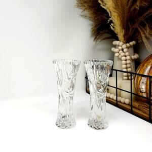 Vintage Lenox Crystal Bud Vase SET Diamond & Pinwheel Design Notched Rim EUC 6"